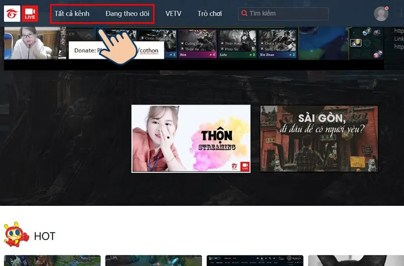 Giao diện Garena Live sau khi đăng nhập, hiển thị các lựa chọn "Tất cả các kênh" và "Đang theo dõi"