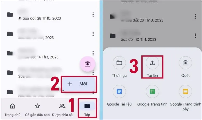 Giao diện Google Drive trên điện thoại Android, nhấn dấu + để tải video lên Google