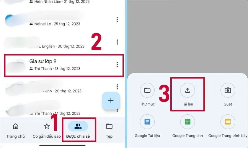 Giao diện Google Drive trên điện thoại, chọn Drive được chia sẻ để tải video lên