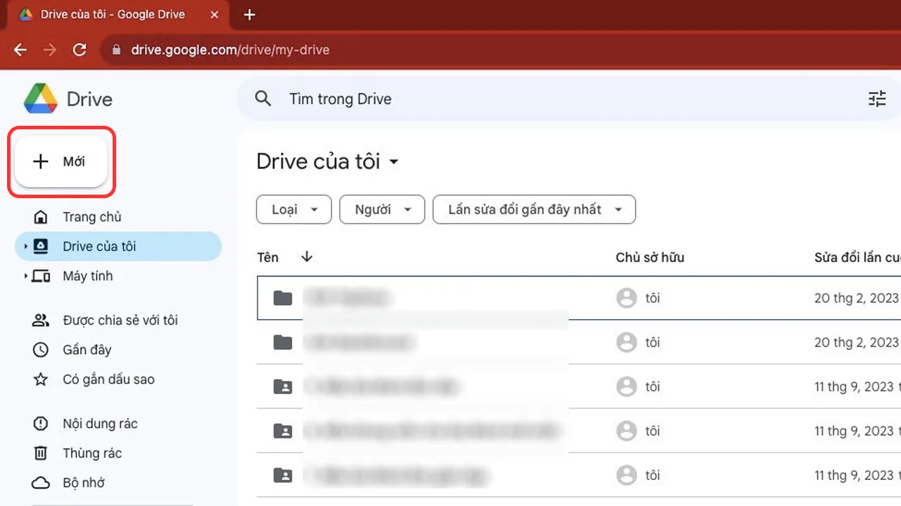 Giao diện Google Drive trên máy tính và nút "Mới" để tải video lên