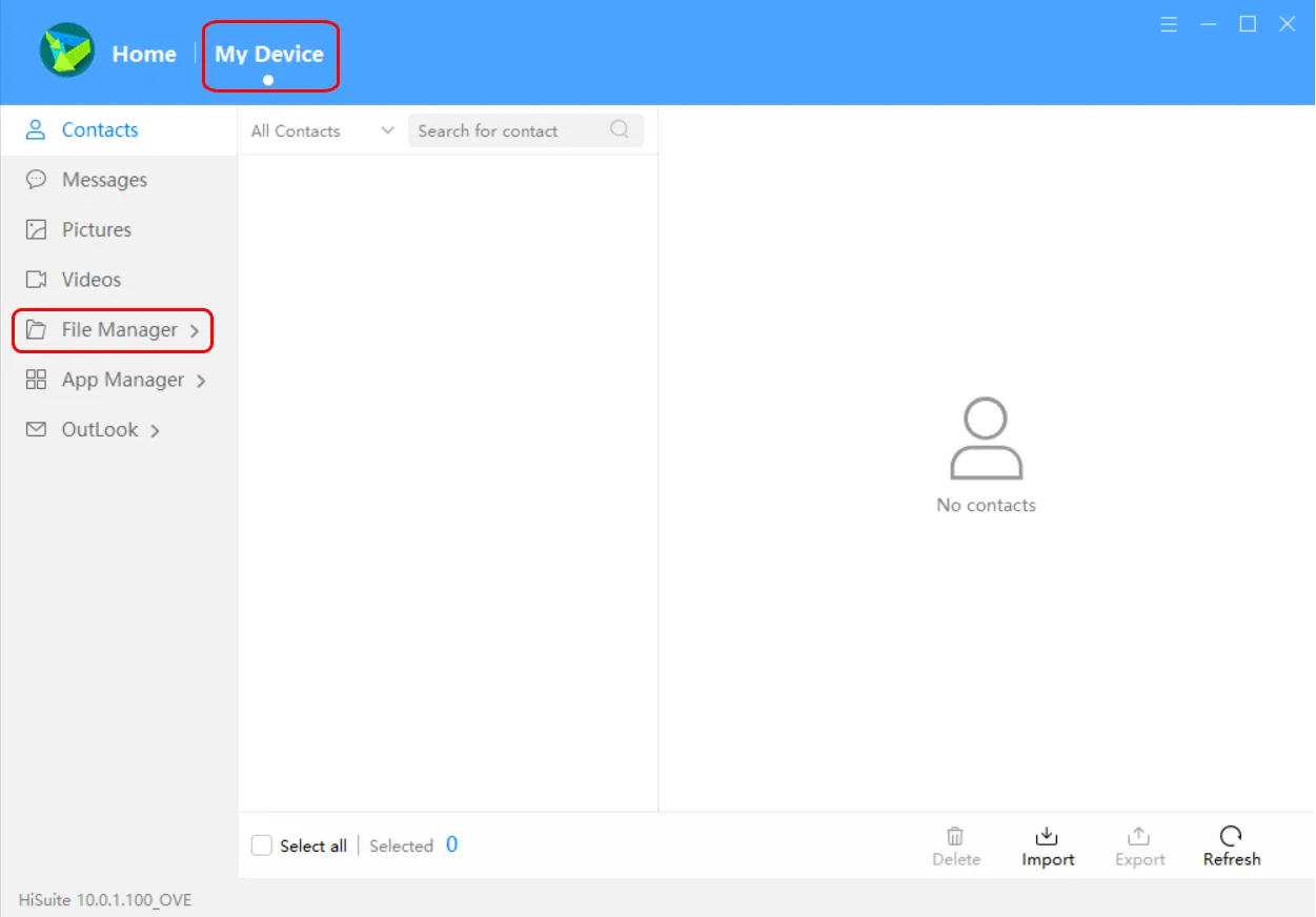 Giao diện Hisuite trên máy tính hiển thị File Manager, cho phép người dùng nhập thư mục chứa bộ ứng dụng Google vào thiết bị Huawei.
