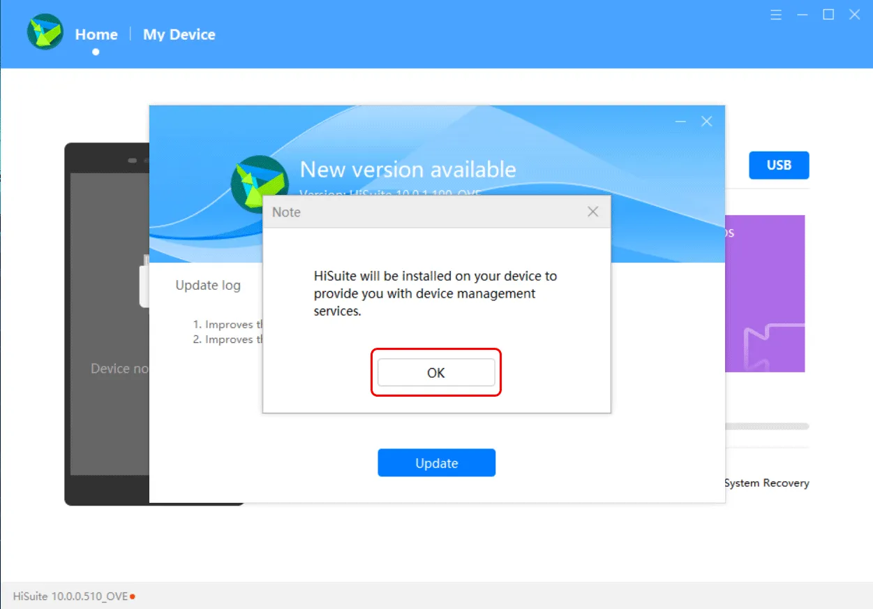 Giao diện Hisuite trên máy tính hiển thị yêu cầu nhập mã xác thực 8 chữ số từ điện thoại để hoàn tất kết nối và cài Google Play.