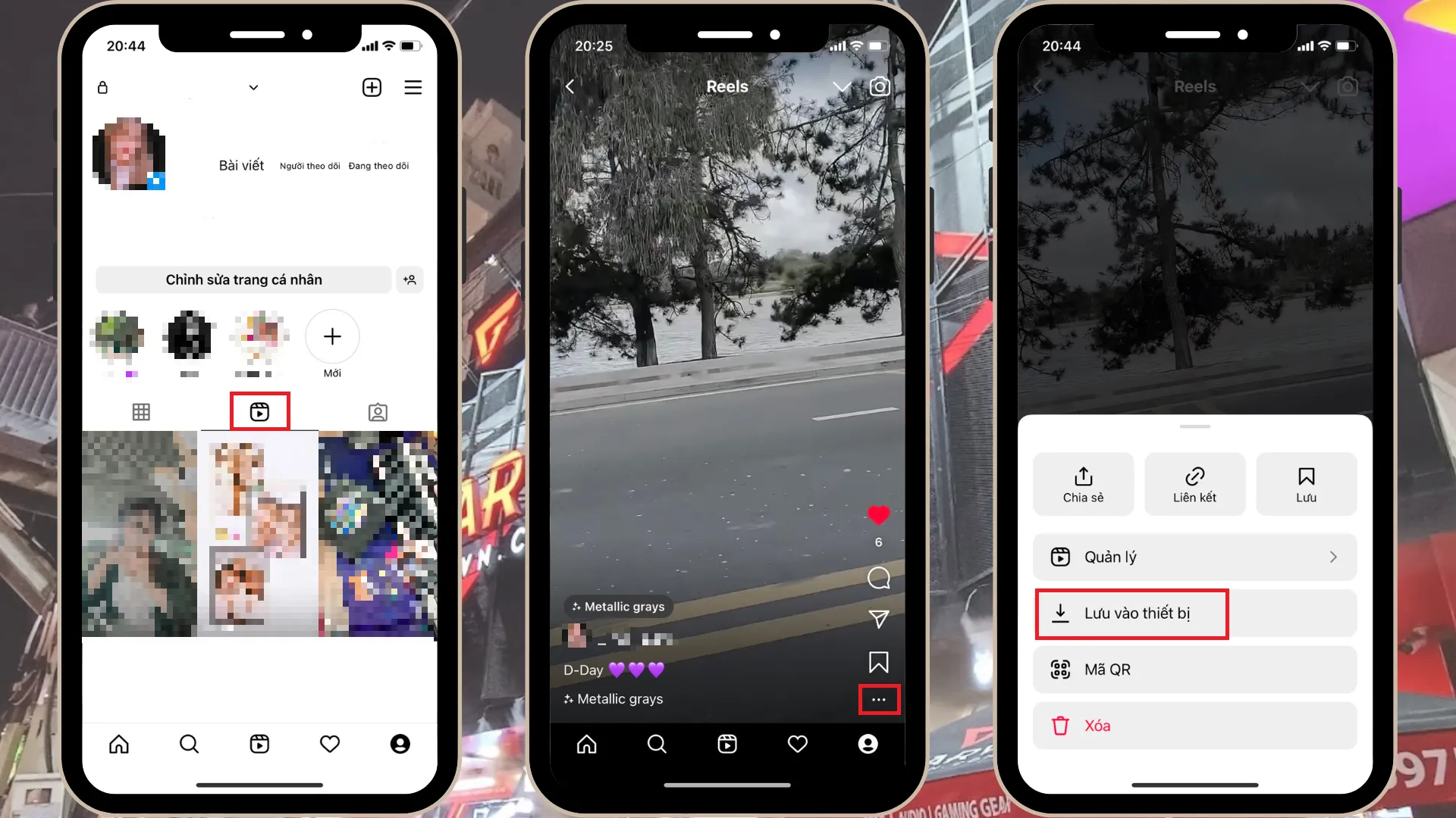 Giao diện Instagram trên điện thoại, chọn "Lưu vào thiết bị" cho Reels cá nhân