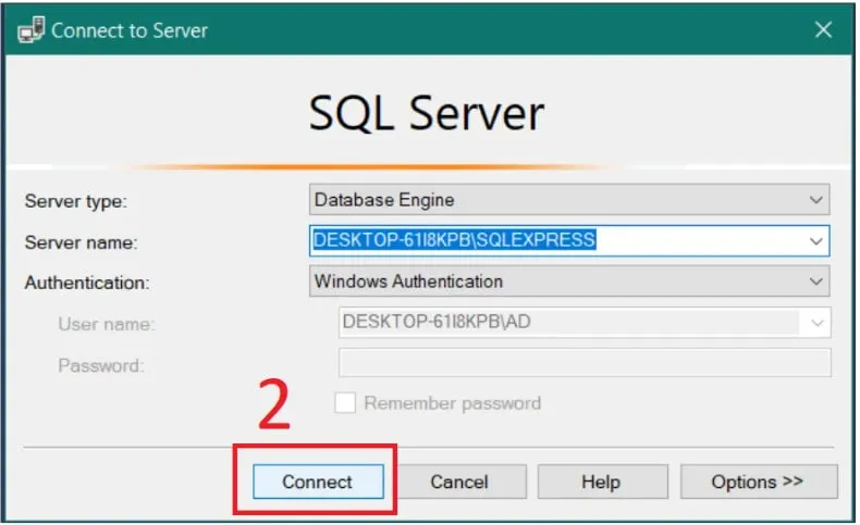 Giao diện kết nối SQL Server Management Studio