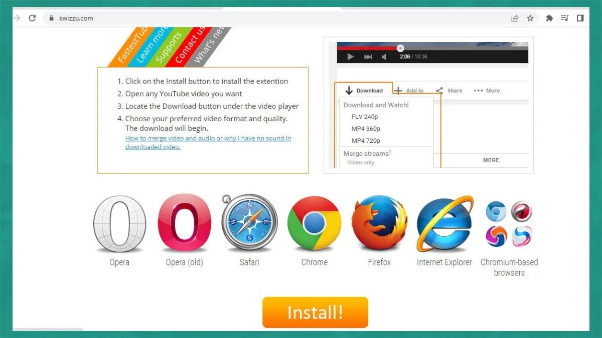 Giao diện Kwizzu.com hiển thị tùy chọn cài đặt tiện ích mở rộng để tải video, đây là một trong những cách tải video từ google về máy tính thông qua các trang web chuyên dụng.