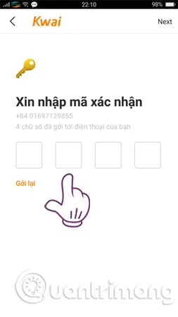 Giao diện nhập mã xác nhận Kwai để tiếp tục quá trình đăng ký