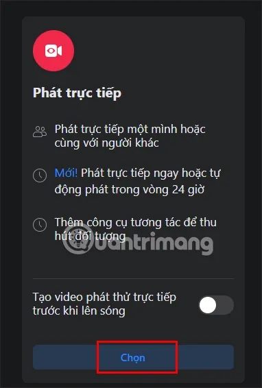 Giao diện phát trực tiếp trên Fanpage Facebook với tùy chọn xem trước