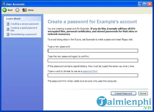 Giao diện tạo mật khẩu trên Windows XP, với các trường nhập mật khẩu mới, xác nhận lại và gợi ý mật khẩu được làm nổi bật để hướng dẫn cài mật khẩu máy tính win xp