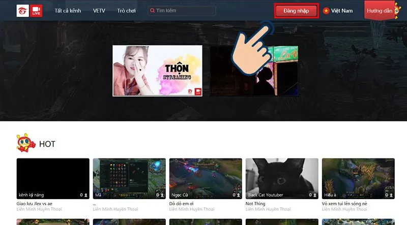 Giao diện trang web Garena Live hiển thị nút "Đăng nhập" ở góc trên bên phải