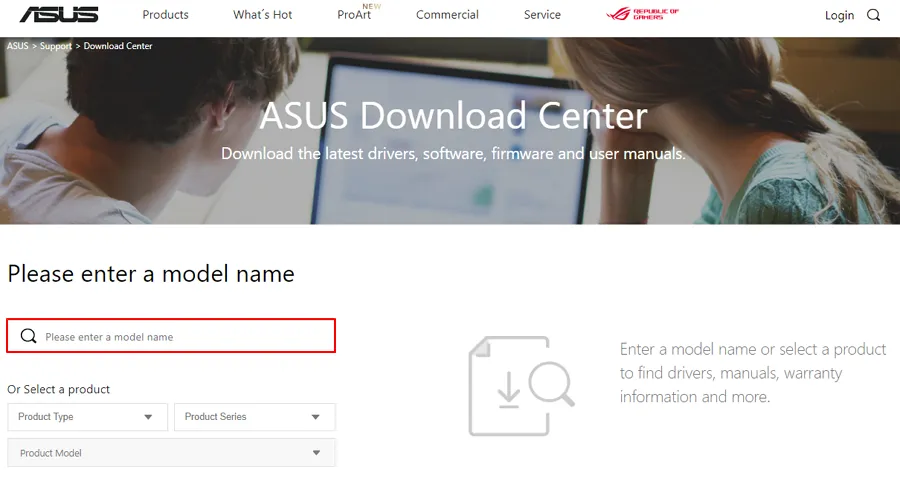 Giao diện trung tâm tải xuống ASUS, hiển thị các tùy chọn phần mềm và driver, bao gồm cả công cụ hỗ trợ tải video hoặc quản lý hệ thống