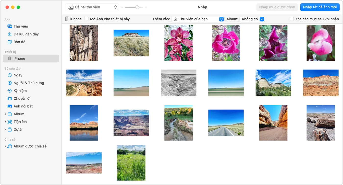 Giao diện ứng dụng Ảnh trên macOS hiển thị các video sẵn sàng để tải từ iPhone về máy tính