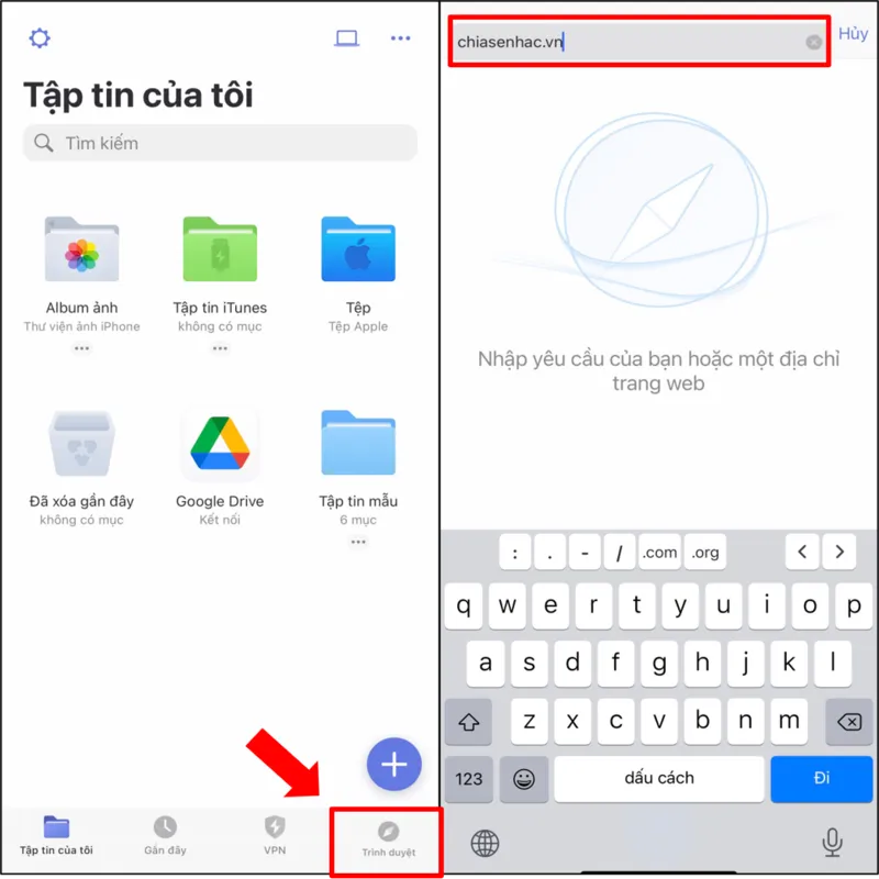Giao diện ứng dụng Documents hiển thị trang web Chiasenhac.vn, hướng dẫn tìm kiếm nhạc để tải về iPhone làm video