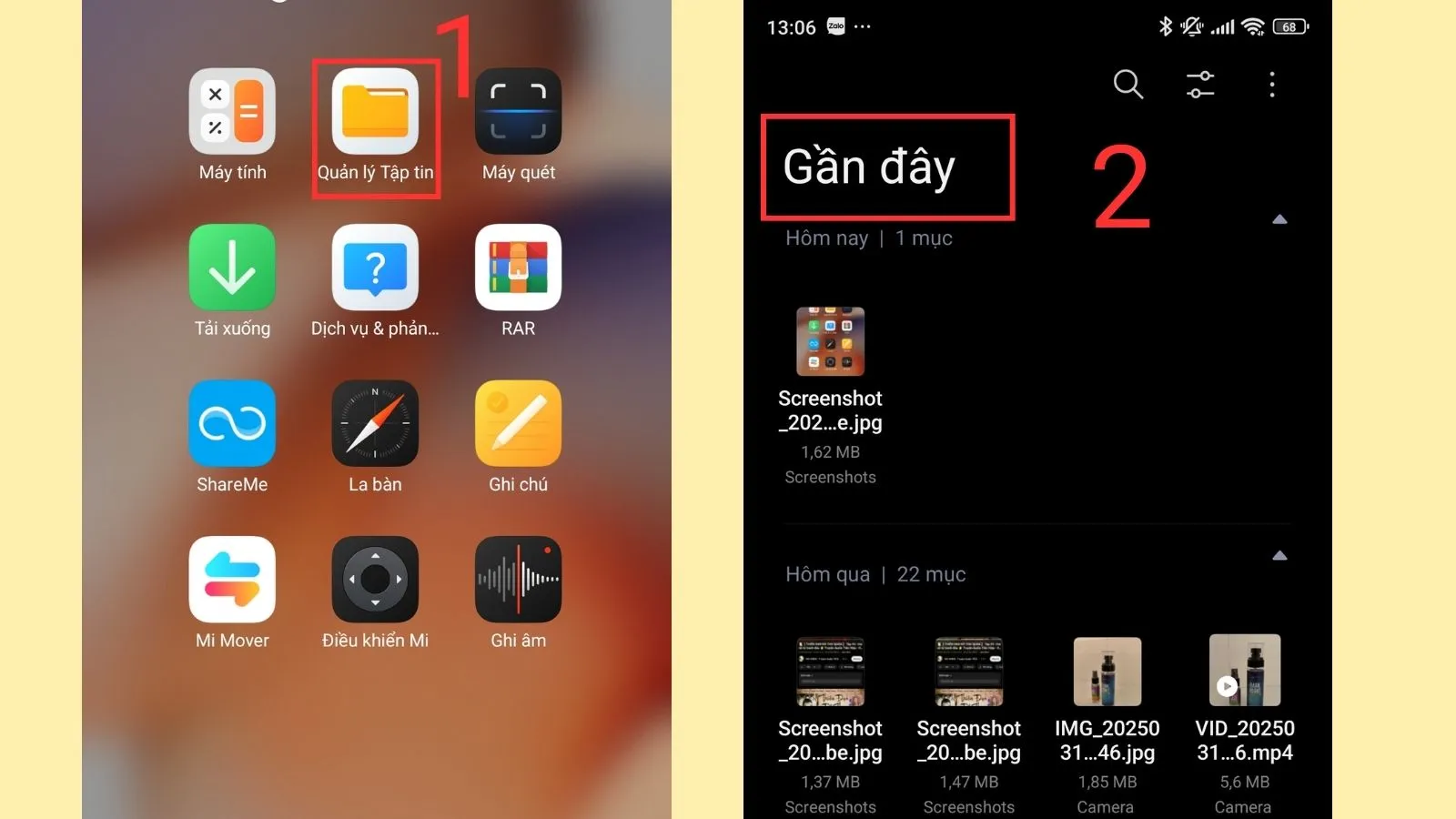 Giao diện ứng dụng Quản lý tập tin trên điện thoại Xiaomi, hiển thị các nội dung gần đây