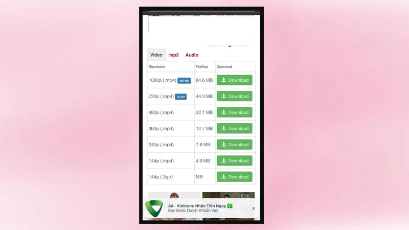 Giao diện Y2mate trên điện thoại hiển thị ô dán đường dẫn và nút tải về