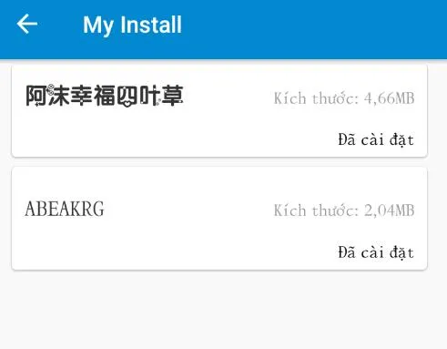 Hiển thị danh sách font đã cài đặt trong iFont, với font Pinyin sẵn sàng để được chọn và áp dụng trên điện thoại Android