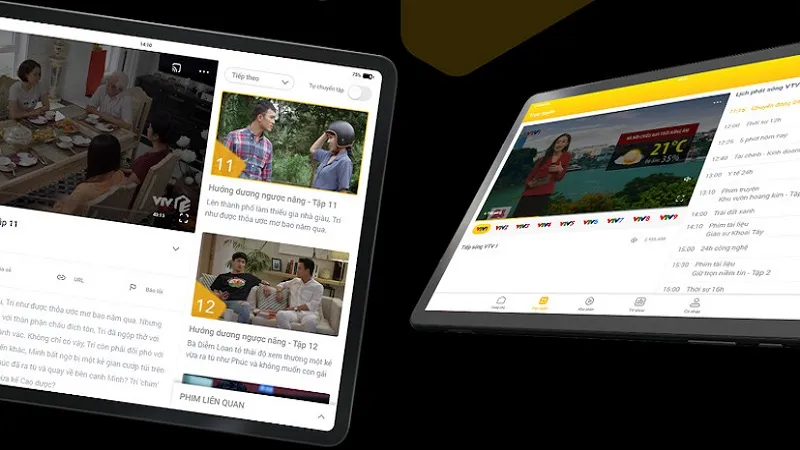 Hình ảnh đa thiết bị với một gia đình đang xem VTV Giải Trí trên TV và điện thoại