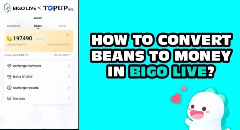 Hình ảnh giao diện ví Bigo Live, hiển thị số đậu và kim cương, cùng các tùy chọn để đổi đậu thành tiền