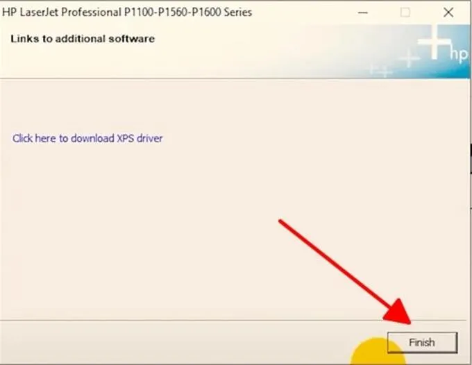 Hoàn tất cài đặt driver và chọn Finish để kết thúc quá trình trên máy in HP