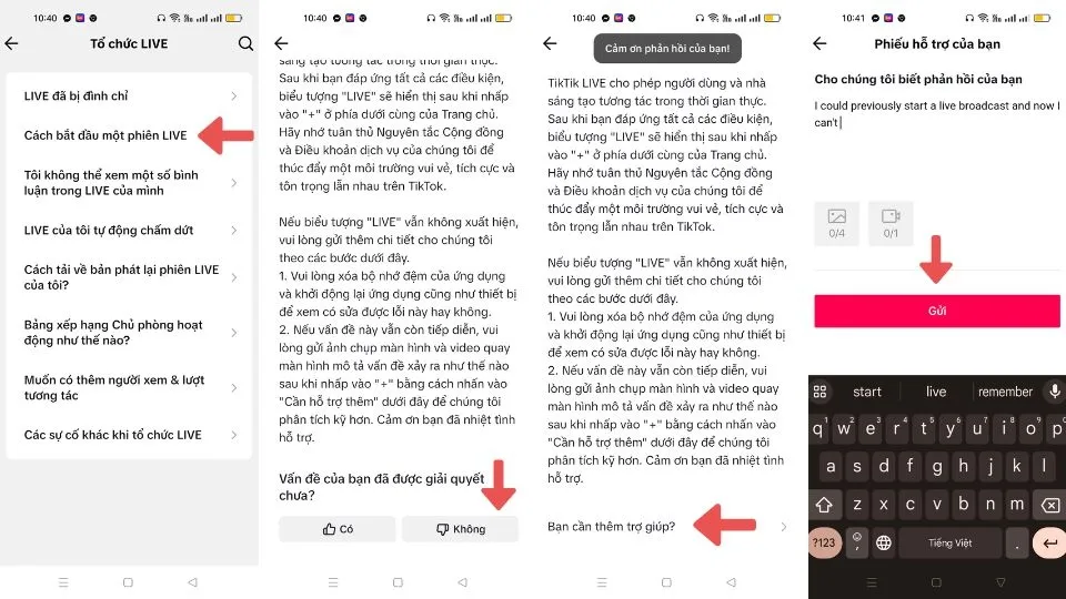 Hoàn tất gửi báo cáo lỗi đến TikTok, một phần của cách live trên TikTok mà không đủ yêu cầu.