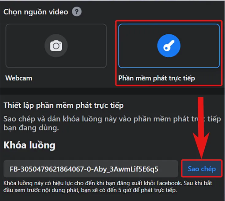 Hướng dẫn lấy "Khóa luồng" (Stream Key) từ giao diện Facebook khi thiết lập phát trực tiếp bằng phần mềm, cần thiết để live stream PC bằng điện thoại thông qua OBS.