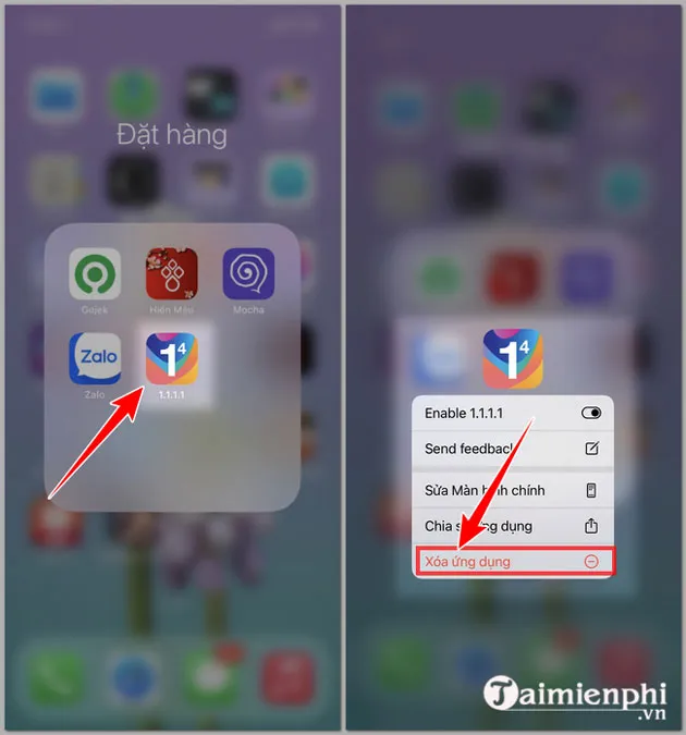 iPhone screen showing "Remove App" menu for a VPN app, illustrating how to uninstall an application.