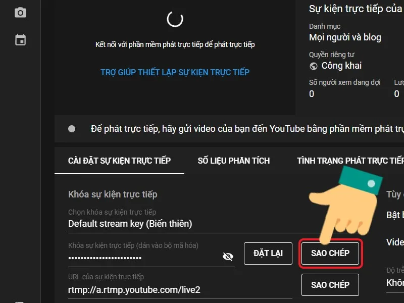 Khóa sự kiện trực tiếp (Stream Key) được sao chép từ YouTube Studio, cần thiết để kết nối phần mềm OBS với kênh YouTube khi live stream.