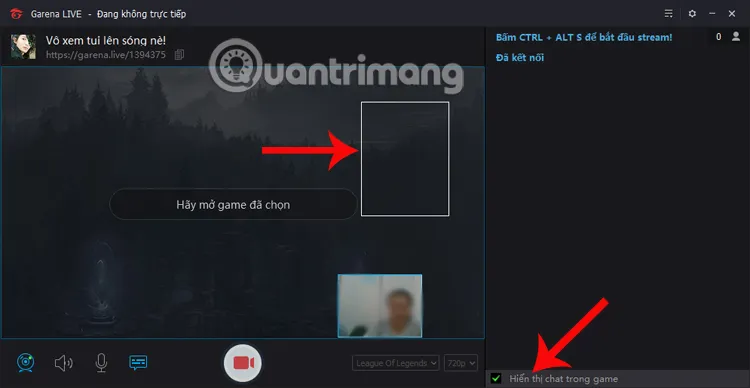 Khung chat tương tác trực tiếp trong giao diện livestream Garena, giúp game thủ kết nối với người xem