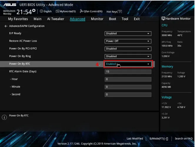 Kích hoạt tính năng Power On By RTC trong cài đặt BIOS để máy tính tự động khởi động.