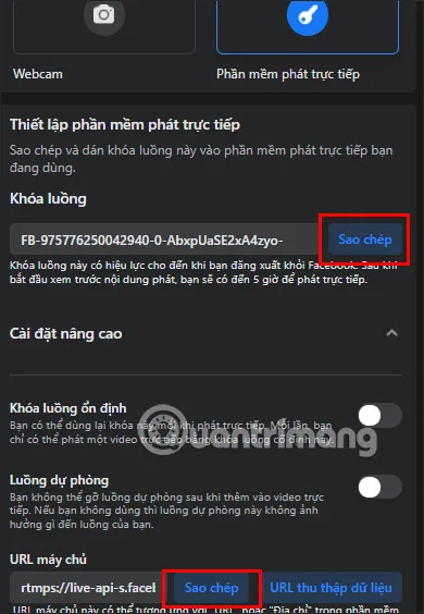 Lấy khóa luồng và URL máy chủ để kết nối phần mềm phát trực tiếp