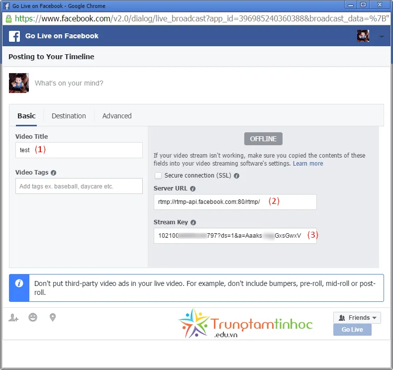 Lấy thông số Stream Key và Server URL từ Facebook Live Producer để phát live video