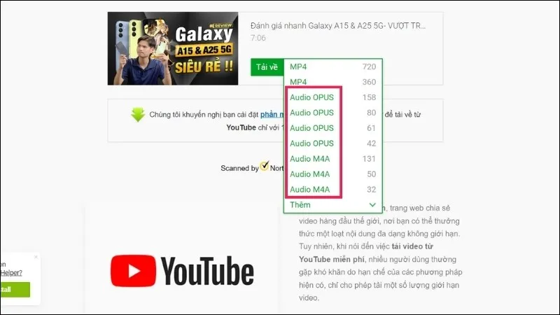 Lựa chọn chất lượng âm thanh MP3 phù hợp trên trang web Savefrom.net.