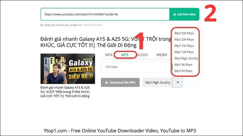 Lựa chọn định dạng MP3 và chất lượng mong muốn trên Ytop1.com