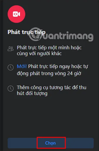Lựa chọn tính năng phát trực tiếp trên Facebook máy tính.