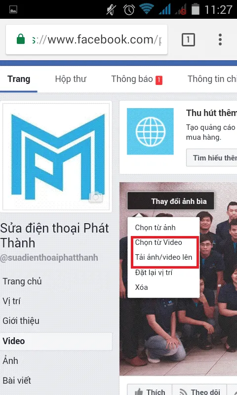 lựa chọn và tải video mới làm ảnh bìa cho fanpage facebook