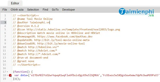 Mã script đã được chèn vào Tampermonkey để bỏ qua yêu cầu VIP HDViet