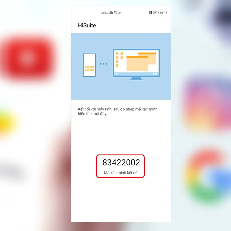 Mã xác thực 8 chữ số được hiển thị rõ ràng trên màn hình điện thoại Huawei, sẵn sàng để người dùng nhập vào ứng dụng Hisuite trên máy tính.