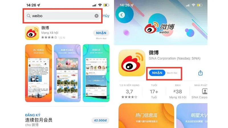 Màn hình App Store hiển thị ứng dụng Weibo, là nguồn gốc của các video mà người dùng có thể muốn tải về điện thoại iPhone.