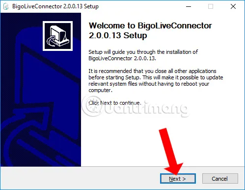 Màn hình cài đặt Bigo Live trên máy tính, hiển thị tùy chọn ngôn ngữ và nút Next để tiếp tục quá trình