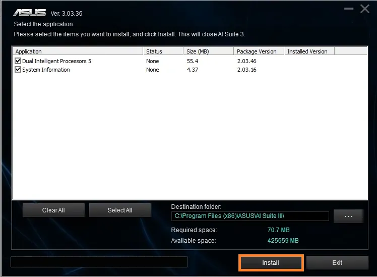 Màn hình cài đặt các thành phần trên thiết bị ASUS, nơi người dùng chọn các module cần thiết để tối ưu hóa việc tải và xem video
