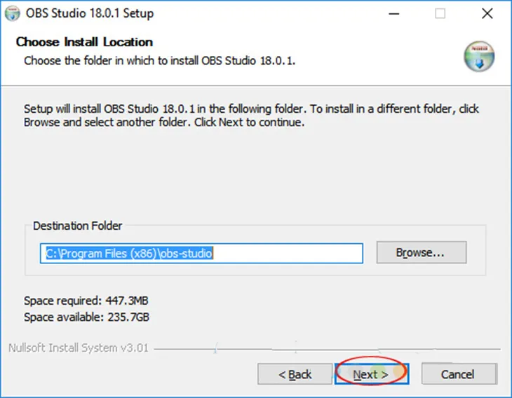 Màn hình cài đặt OBS Studio, hiển thị bước chọn đường dẫn cài đặt và các thành phần bổ sung