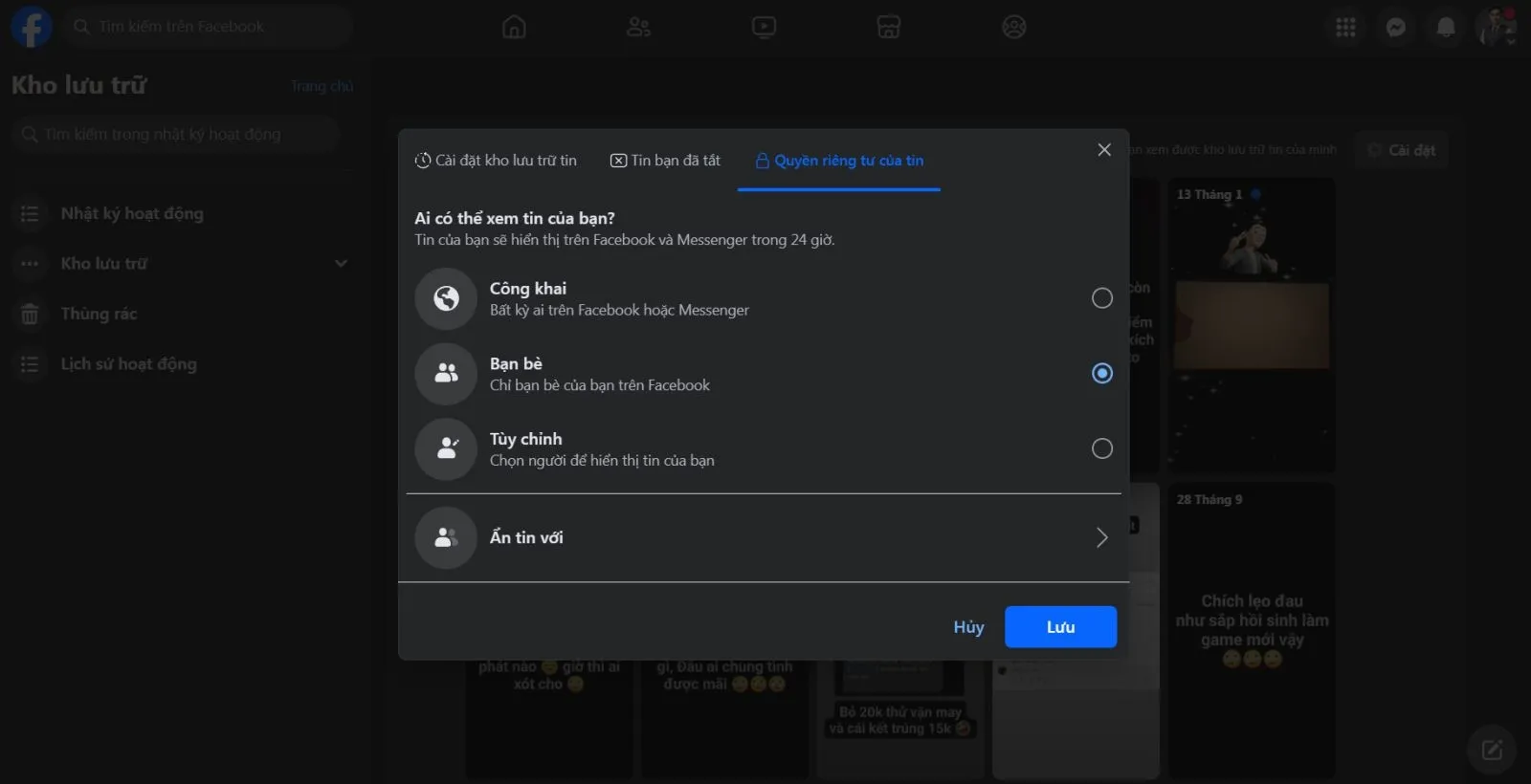 Màn hình cài đặt quyền riêng tư của tin trên Facebook, ảnh hưởng đến khả năng chia sẻ và tải video từ tin trên facebook3