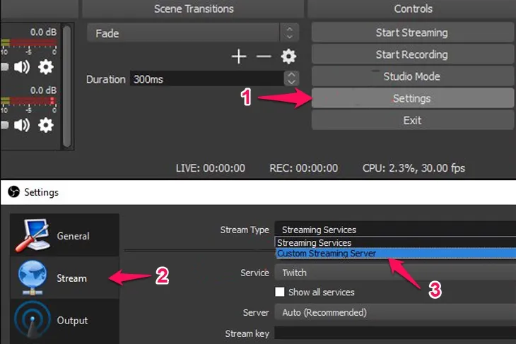 Màn hình cài đặt Stream trong OBS Studio, hiển thị các trường để nhập URL máy chủ và Khóa luồng từ Facebook