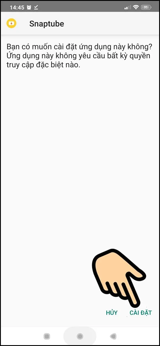 Màn hình cài đặt ứng dụng Snaptube, hiển thị nút "Cài đặt" để hoàn tất thiết lập và bắt đầu tải video trên facebook bằng ứng dụng này.