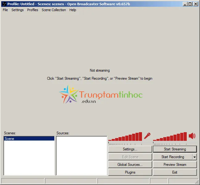 Màn hình chính của OBS Studio để thiết lập live video trên Facebook