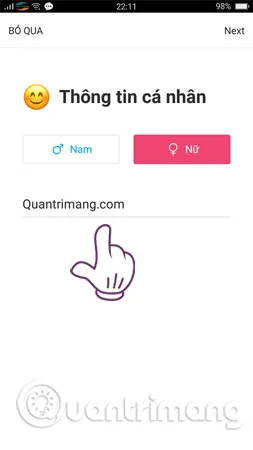 Màn hình chọn giới tính và đặt biệt danh khi tạo tài khoản Kwai