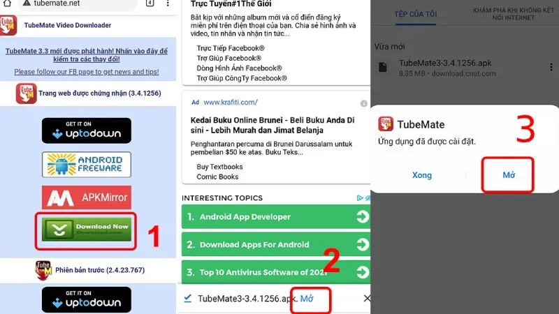 Màn hình điện thoại Android đang hiển thị kết quả tìm kiếm "TubeMate Video Downloader" trên trình duyệt, chuẩn bị truy cập trang chủ để tải ứng dụng.
