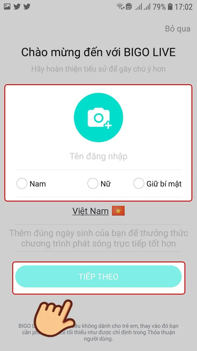 Màn hình điện thoại để tùy chỉnh ảnh đại diện, tên người dùng và giới tính, các thông tin quan trọng khi live Bigo trên máy tính