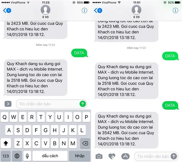 Màn hình điện thoại hiển thị thông tin gói cước và dung lượng data, liên quan đến việc đảm bảo kết nối ổn định khi tải các file nhạc chất lượng cao để ghép vô Vina Video.