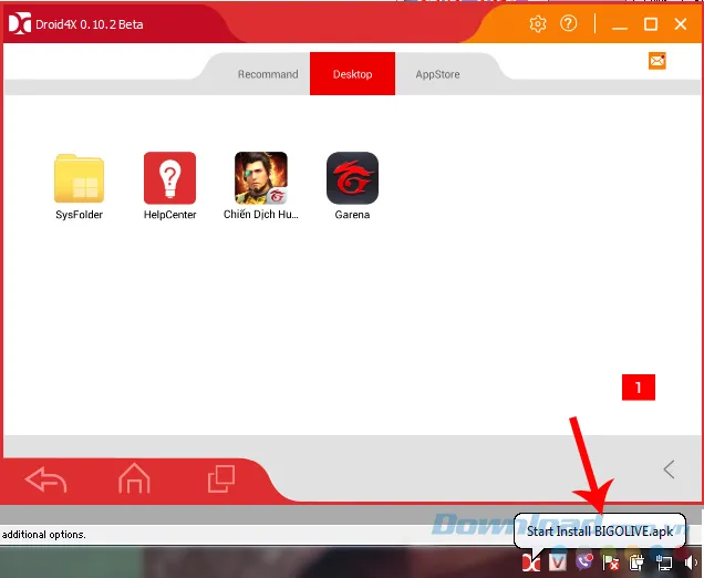 Màn hình giả lập Droid4X hiển thị tiến trình đang cài đặt file APK của Bigo Live