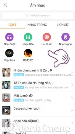 Màn hình hiển thị nhiều thể loại nhạc khác nhau trên Kwai để lựa chọn
